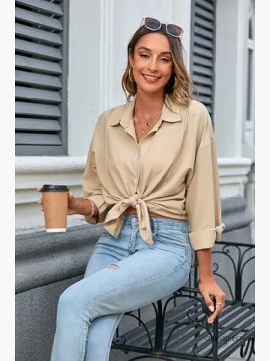 Oversized Button Down Shirt Long Sleeve Gauze Top Casual Blouse - Picture 6 of 7